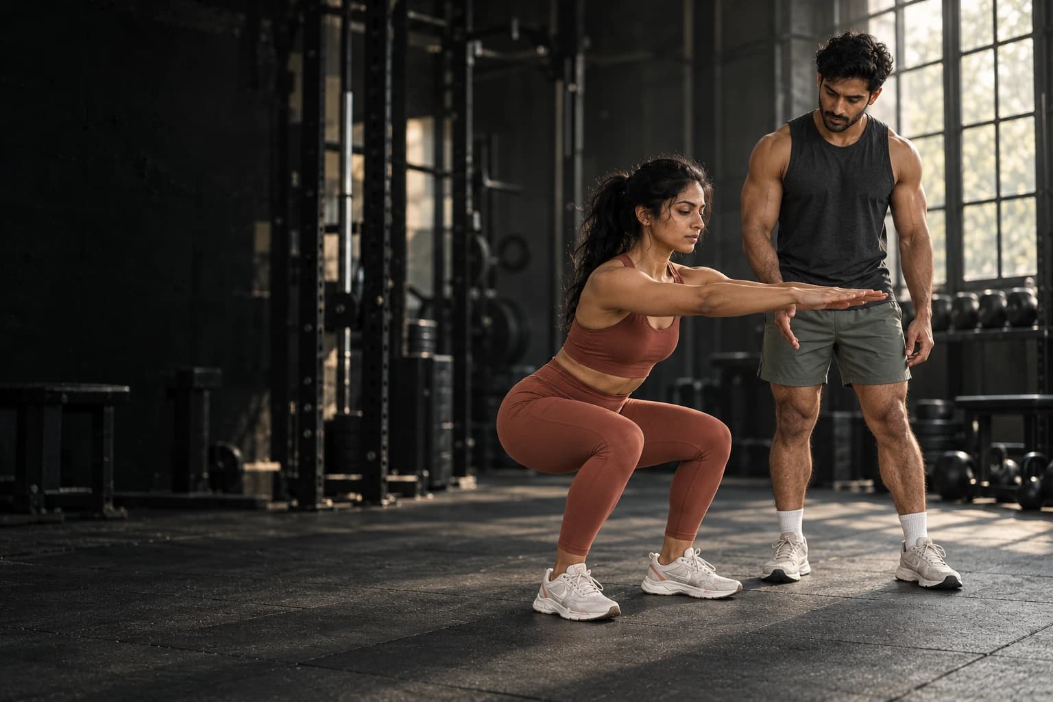 A coach watching his client's squat form in a quiet gym