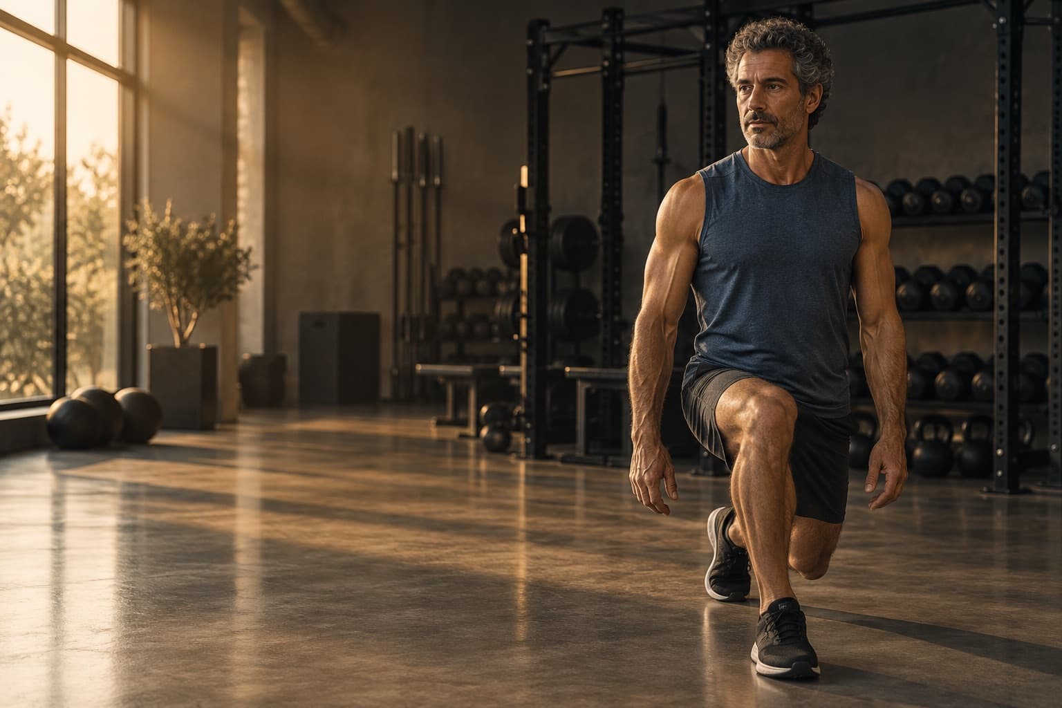 A man doing walking lunges across an empty gym at dawn