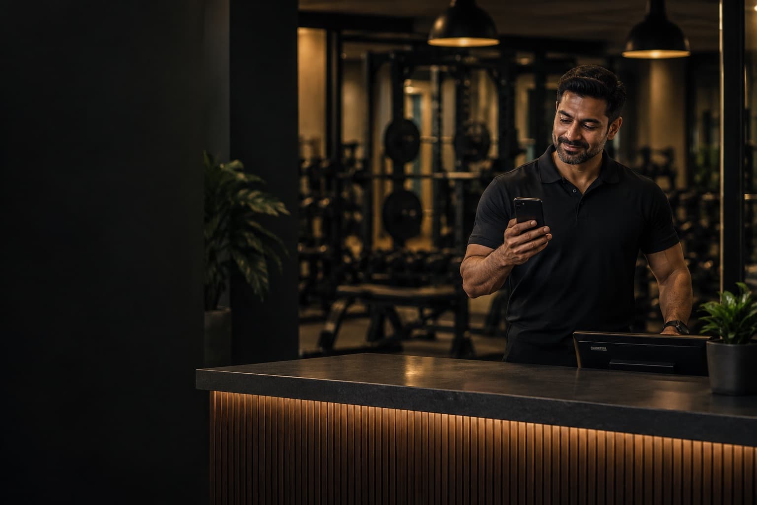 A gym owner at his front desk checking his phone